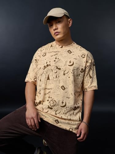 The Souled Store Harry Potter: in The Era Men and Boys Short Sleeves Round Neck Beige Graphic Printed Casual Lightweight Drop Shoulder Streetwear Trendy Cotton Oversized T-Shirt