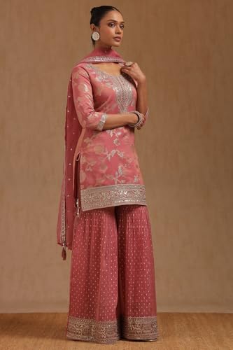 Soch Womens Pink Organza Zari Woven Suit Set Sequins