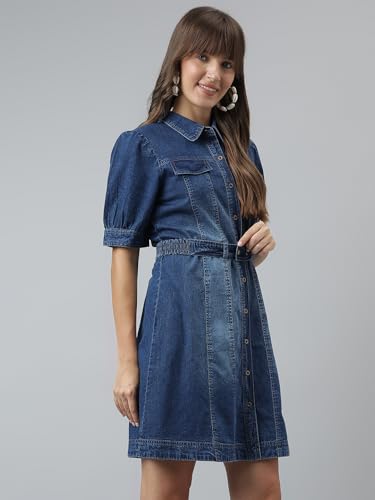Latin Quarters Women Blue Half Sleeves Casual Solid Dress_L