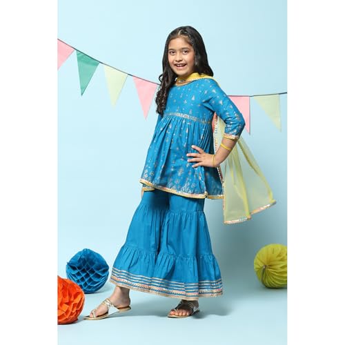 BIBA Girl's Cotton Printed Gathered Kid Kurta with Pant & Dupatta(Kw5482_Blue_9)