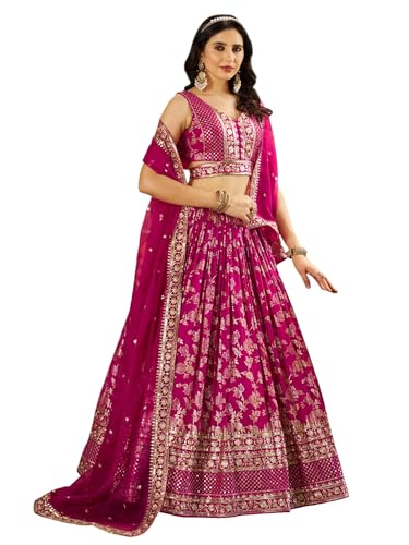 Zeel Clothing Women's Sequins Zari Embroidered Dola Silk Jacquard Lehenga Choli With Dupatta (7100-Women-Lehenga-Choli-Latest, Free size) (Rani Pink)