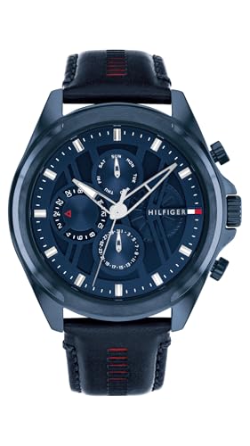 Tommy Hilfiger Men's Blue Plated Multifunction Watch with Leather Strap