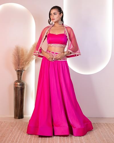The Behruz Theory Hot Pink Hand-Embroidered Cape Lehenga Set (Pink, Extra Large)