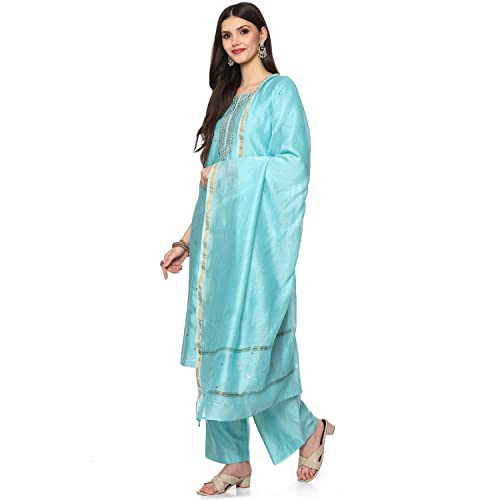 BIBA Women's Ethnic Turquoise Cotton Kurta Suit Set (Size_2XL)