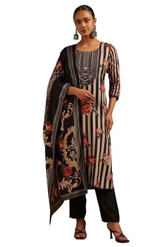 Soch Womens Black Muslin Floral Hand Embroidered Salwar Suit With Sequins