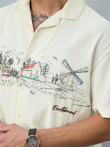 The Souled Store Earthbound Hawaiian Shirt: Men and Boys Short Sleeves Collared Neck Embroidered Cotton Blend Oversized Casual Shirt |Cream, XS
