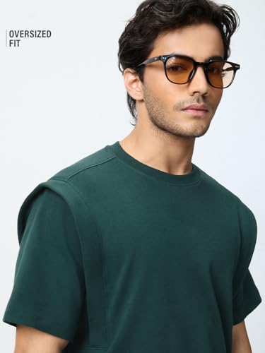 The Souled Store Oversized T-Shirt: Emerald Men and Boys Short Sleeves Round Neck Solid Structured Shoulder Casual Lightweight Drop Shoulder Streetwear Trendy Oversized T-Shirts