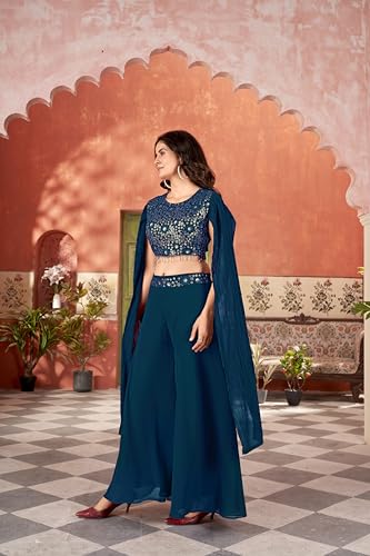 VARNI FABRICS Crop Top With Palazzo Set For Women Stylish Floral Embroidered Sequin And Thread Work | Festive & Ethnic Wear Indo-western Ensemble Perfect For Rakhi, Diwali & Occasions | Morpeach | 3XL