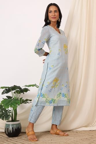 W for Woman Blue Checker Chanderi Straight Kurta, Pants and Dupatta Set (Size: S)-WS12497-125420