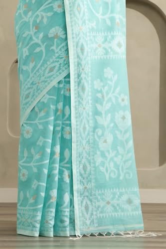 Soch Womens Turquoise Blue Cotton Jamdani Woven Saree