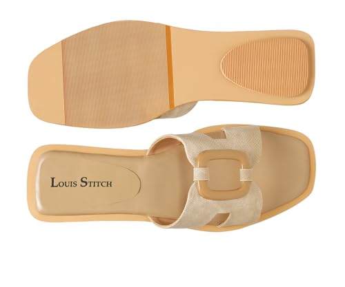 LOUIS STITCH Women’s Fashion Flat Slip On Sandals | Open Toe Beige Stylish Flat Slipper for Ladies, Comfortable All Day Wear Slipper (LSOF-LDSL-SQBBGD) (Size- 8 UK)