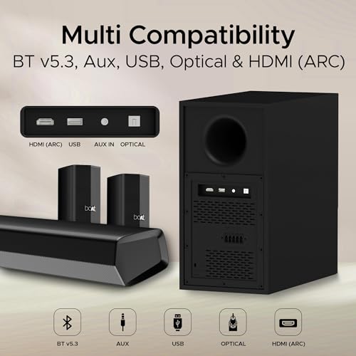 boAt Aavante Bar Azure Pro, 550 W Sound, 5.1CH with Wireless Rear Satellite Speakers, EQ Modes, BTv5.4,Multiple Ports, Master Remote, Bluetooth Sound Bar, Home Theatre Soundbar Speaker (Premium Black)