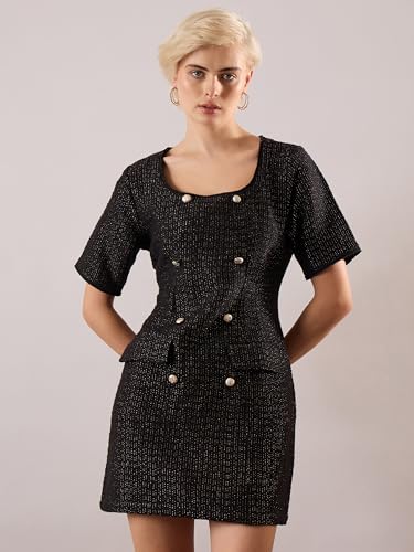 Sassafras Women Black Tweed Round Neck Short Dress S
