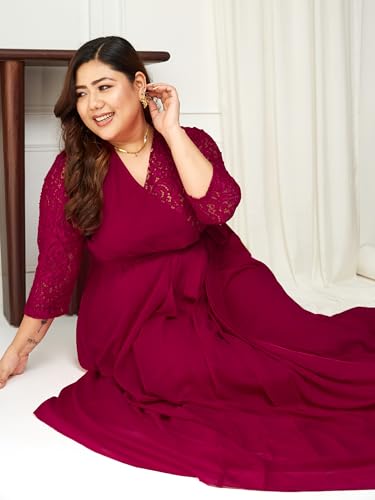 Miss Chase A+ Women's V-Neck Three-Quarter Sleeve Self-Designed Wrap Maxi Dress (APSS21D14-67-465-08, Mulberry Pink, 3XL)
