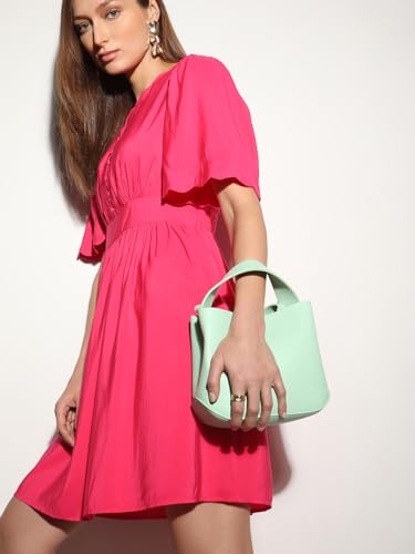 VERO MODA Women Solid Pink Viscose Above Knee Length Fit and Flare Dress