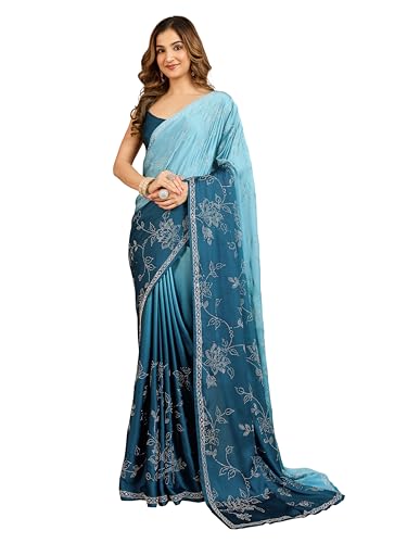 TRENDMALLS Women's Satin Siroski Work Ombre Pattern Dual Shade Saree with Unstitch Blouse Piece (K1243-Morpeach-)