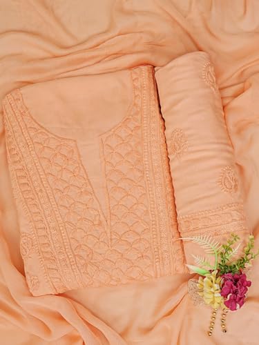 Ada Hand Embroidered Lucknowi Chikankari Unstitched Modal Dress Material Suit Piece with Dupatta for Women 01A368088 Peach