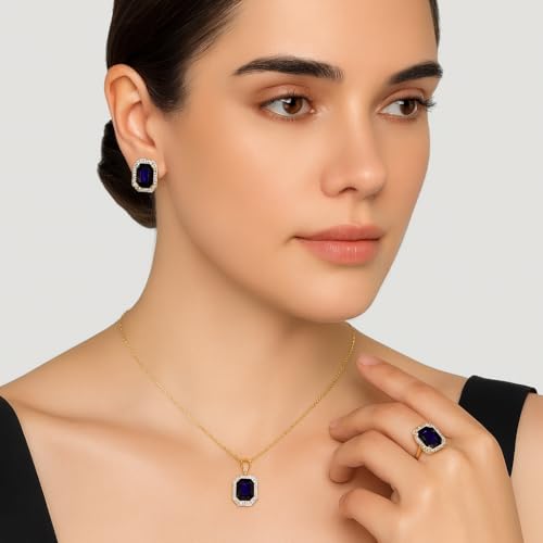 Anuradha Art Jewellery Delicate golden finish and square blue stone stud chain pendant, earring, finger ring set for women and girls. (blue)