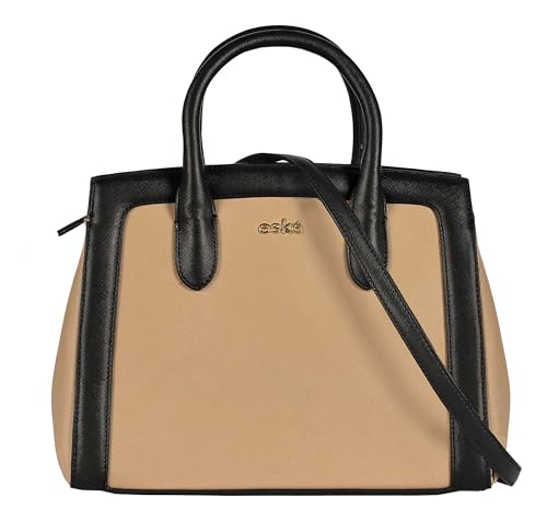 eske Avila Compact Handbag for Women Vegan Saffiano Leather Satchel with Slider Clasp Zip and Slip Pockets Padded Handles Adjustable Sling Strap Small Office Purse (Stone)