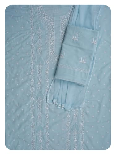 Ada Hand Embroidered Lucknowi Chikankari Unstitched Cotton Dress Material Suit Piece with Dupatta for Women 01A773515 Blue