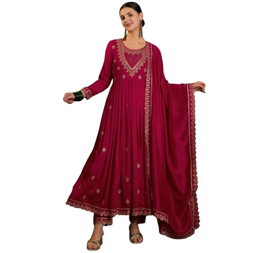 AVYUKTHA | Women Ethnic Motifs Embroidered Kurta with Trors & Dupatta | Traditional Thread Work Kurta Set for Festive & Daily | Red | Size- XL