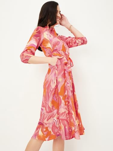Max Women Floral Printed Casual Dress Midi Dress (MDDRS41005PINK)_L