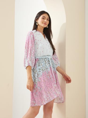 Latin Quarters Women Pink Mandarin Collar 3/4 Sleeves Fit & Flare Printed Casual Dress_XL