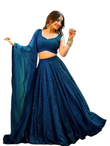 Zeel Clothing Women's Sequins Thread Embroidered Georgette Lehenga Choli With Dupatta (5124-Women-Lehenga-Choli-Latest,Free size) (Blue)