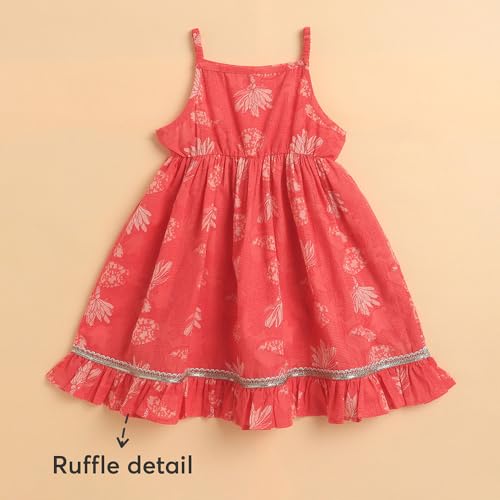 Hopscotch Girls Sleeveless Coral 3-Pc Floral Cotton Kurta Sharara Set For Age (9-10 Years)