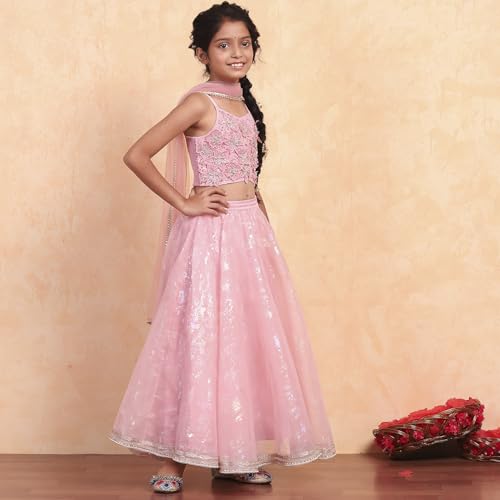 Biba Girls Pink Viscose Printed Flared Lehenga Set_8-9Y