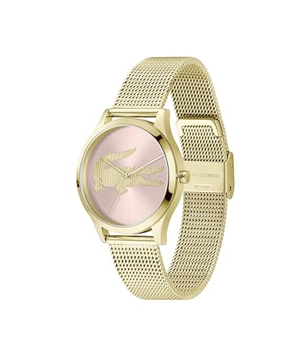 Lacoste Crocodelle Women's 3H Quartz Watch, Stainless Steel Mesh Bracelet - Modern, Classic Timepiece - Gift for Her, 36mm, Gold Plated-Pink