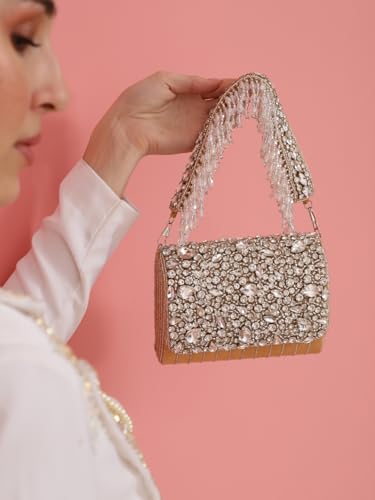 THE TAN CLAN Grace Gold Flap Over Clutches for women Bag for Women– Elegant Evening Handbag, Stylish Purse, Perfect for Parties, and Special Occasions