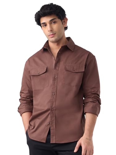 The Souled Store Utility Shirt: Merlot Men and Boys Long Sleeve Spread Collar Button Front Brown Solid Cotton Regular Utility Shirt