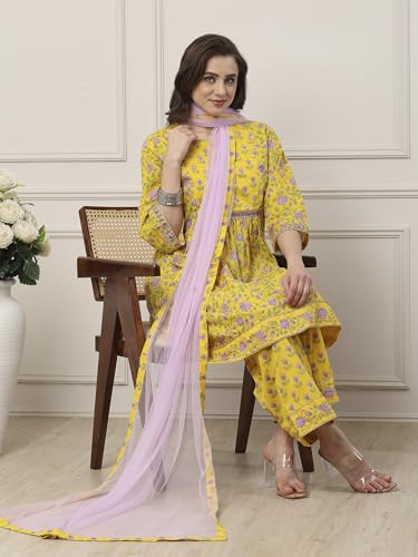 BIBA Women Yellow Cotton Kalidar Suit Set_32