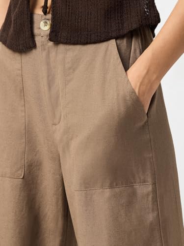 The Souled Store Cotton Linen Pants: Khaki Women and Girls Solid Cotton Linen Blend Wide Leg Mid Rise Four Pocket Lightweight Easy to Style Everyday Office Wear Pants