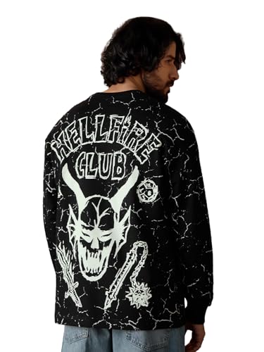 The Souled Store Stranger Things: Hellfire Glow Men and Boys Long Sleeves Round Neck Black Graphic Printed Casual Lightweight Drop Shoulder Streetwear Trendy Oversized Full Sleeve T-Shirt