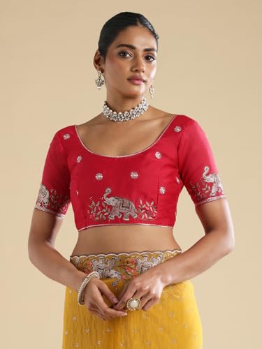 AKHILAM Women's Yellow Satin Elephant Embroidered Saree With Unstitched Blouse Piece (ANIKA2701_AG)