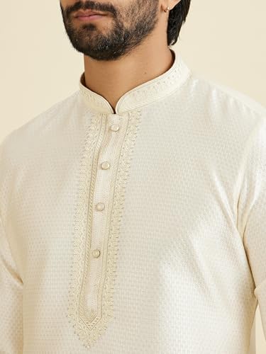 Manyavar Men's Art Silk Self-Textured Kurta Pyjama Set(Cream,XXL)