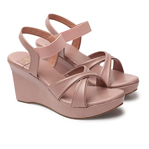 XE Looks Women's Peach Wedge Heel Sandals | Stylish Cross Strap Slip-On Sandals for Girls | Comfortable Cushioned Sole | Open Toe Design | Ideal for Casual