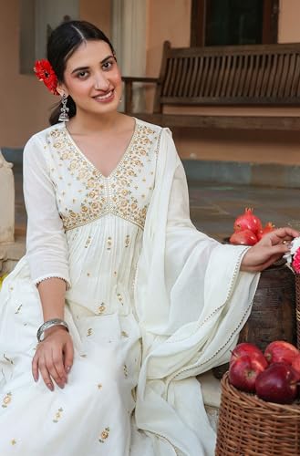 Janasya Women's Off White Pure Cotton Embroidered A-line Kurta Set (JAA25ST02097-S)
