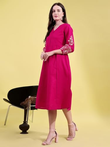 Womanista Linen Blend Women's Fuchsia Cotton Flex with Embroidered Sleeves Empire A-LINE Ethnic Dress Maxi (ETHNICDRESS_113_Pink_M)