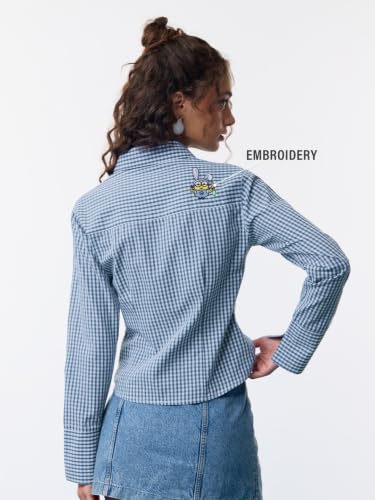 The Souled Store Minions: Bunny Women and Girls Full Sleeves Spread Collar Light Blue and Green Checks Cotton Slim Fit Cropped Lightweight Summer Ready Casual Shirt