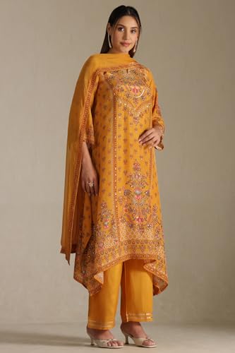 Soch Womens Mustard Crepe Floral Print Suit Set With Stone Work