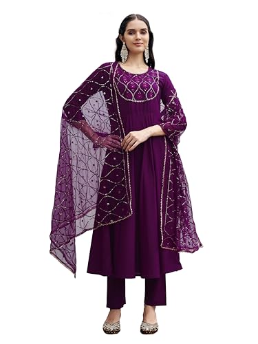 Womanista Women's Wine Color Pure Cotton Sequinns Embroidered Flared Kurta set(Kurtaset_1368_L)