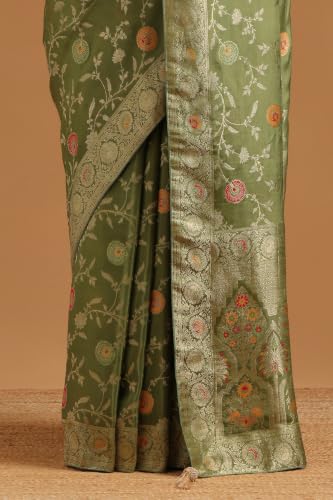 Soch Womens Olive Crepe Botanical Zari Woven Saree
