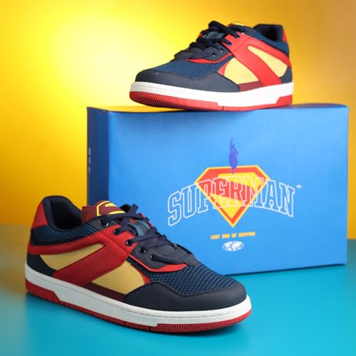 YOHO Superman Low-Top Sneakers for Men | Original Superman Design | Iconic Superhero Style | Breathable Build | Footpharma ™ Footbed | Anti-Slip Grip | All-Day Durability | Krypton blue - UK 6