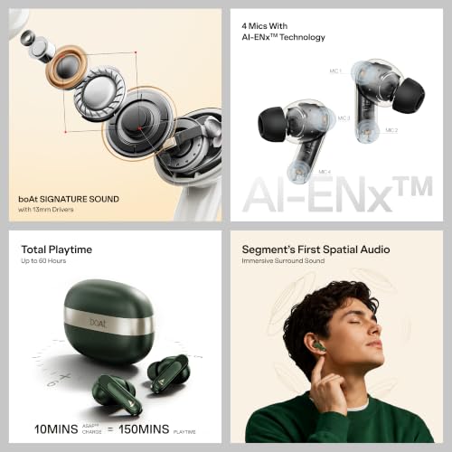 boAt Airdopes Plus 224, Powerful Spatial Audio, 60H Playback, Quad Mics AI-ENx™, 13 mm Drivers, Hearables App, Multipoint Connectivity, Google Fast Pair, Bluetooth v6.0 TWS Earbuds (Matte Black)
