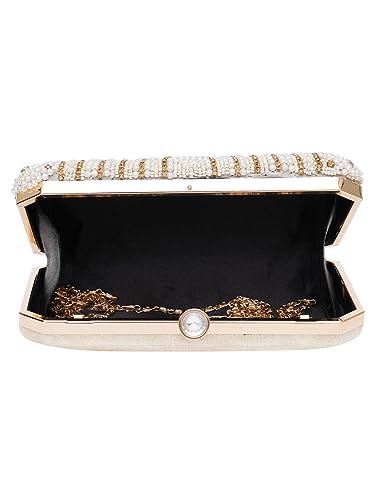 FABBHUE Women's White & Gold Beaded Hand Embroidered Party/wedding/Ethnic Box Clutch Bag Frame Purse with shoulder chain strap