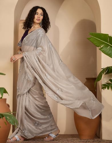 SIRIL Women's Embroidery, Lace Saree With Unstitched Blouse Piece(4961S702_Beige)