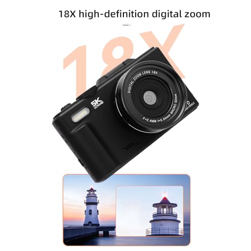 YUEHISY Digital Camera, 5K 75MP WiFi Selfie Travel Camera with 3" 180 Flip Screen, 18X Zoom, Macro Wide Angle Lens, 32GB Memory Card, for Photography (Black)